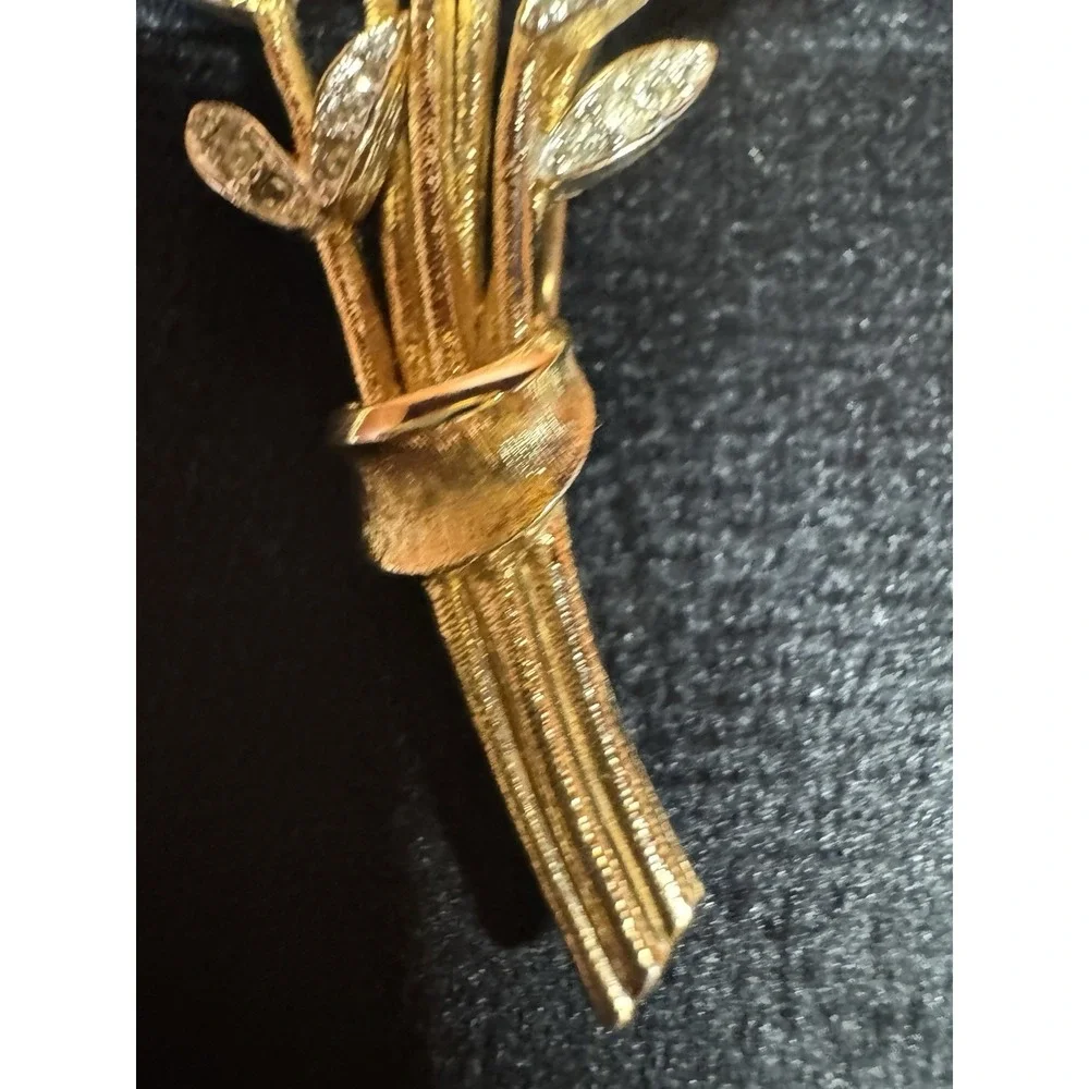 Vintage‎ Rhinestone Wheat Sheaf Brooch Gold Tone Floral Bouquet Pin